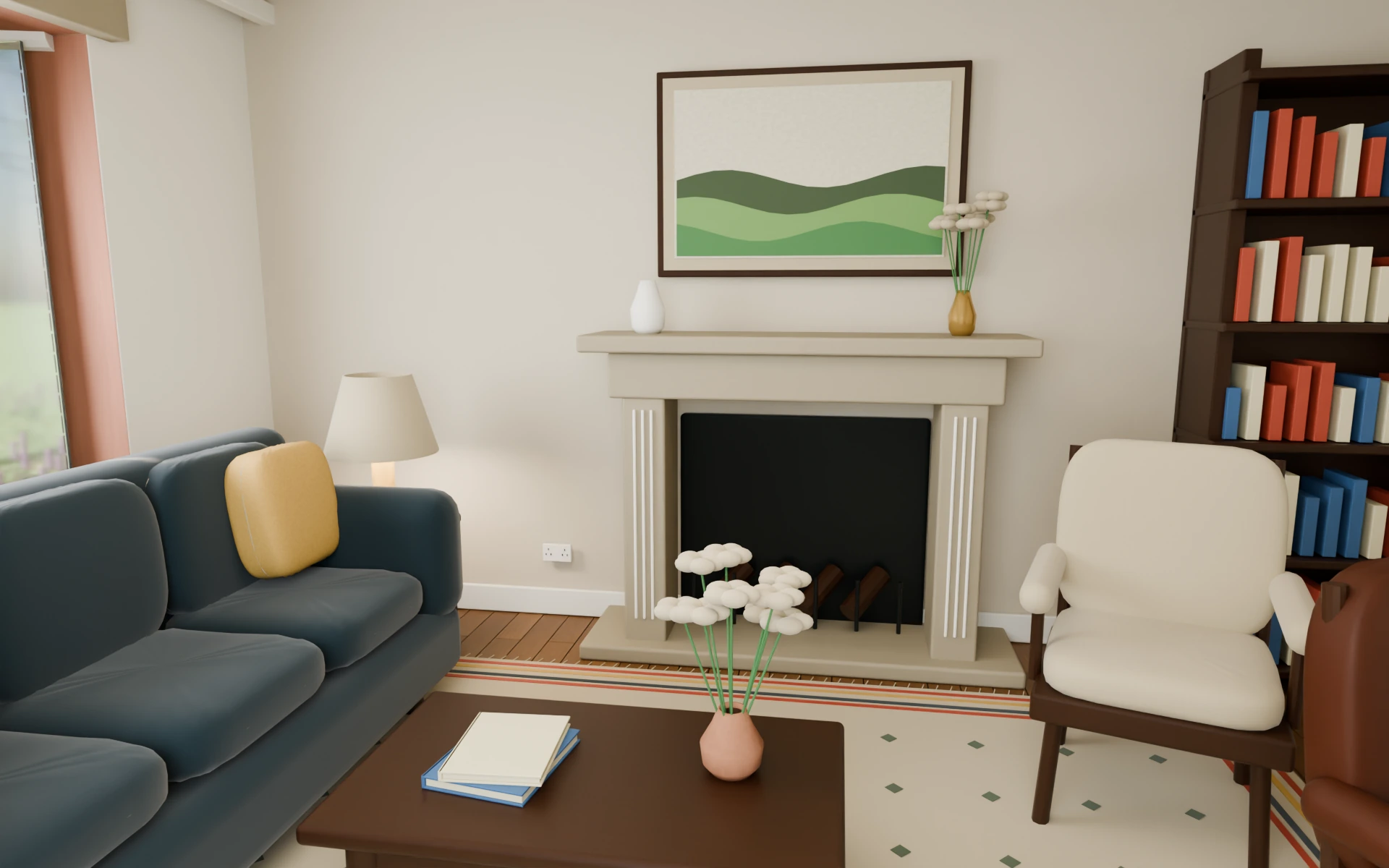 The fireplace living room, rendered from the ASHCROFT Blender scene