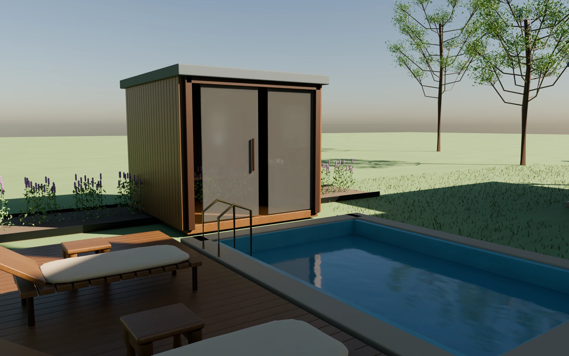 The pool and cedar sauna, rendered from the ASHCROFT Blender scene