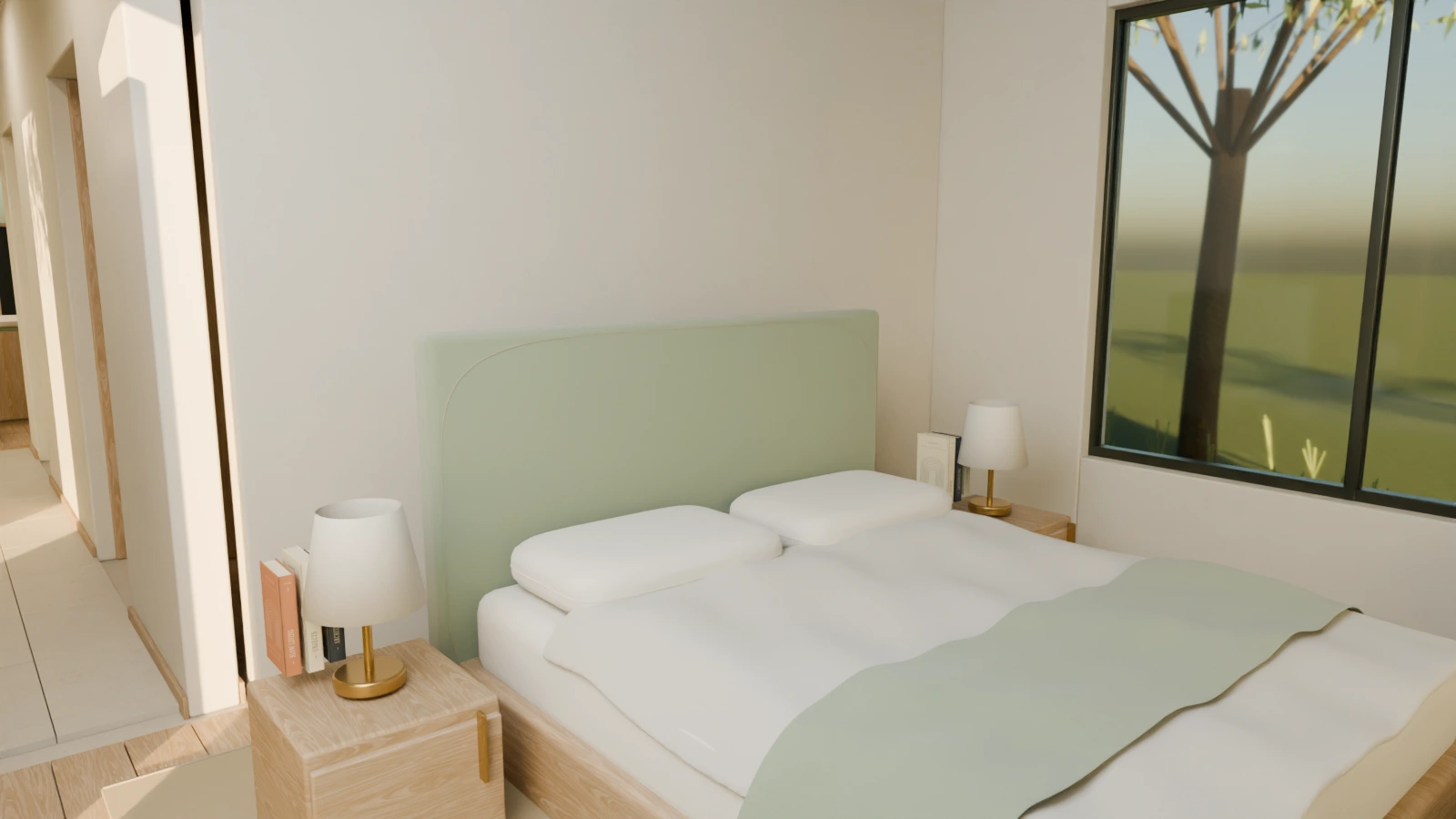 The primary bedroom, rendered from the LUMA Blender scene