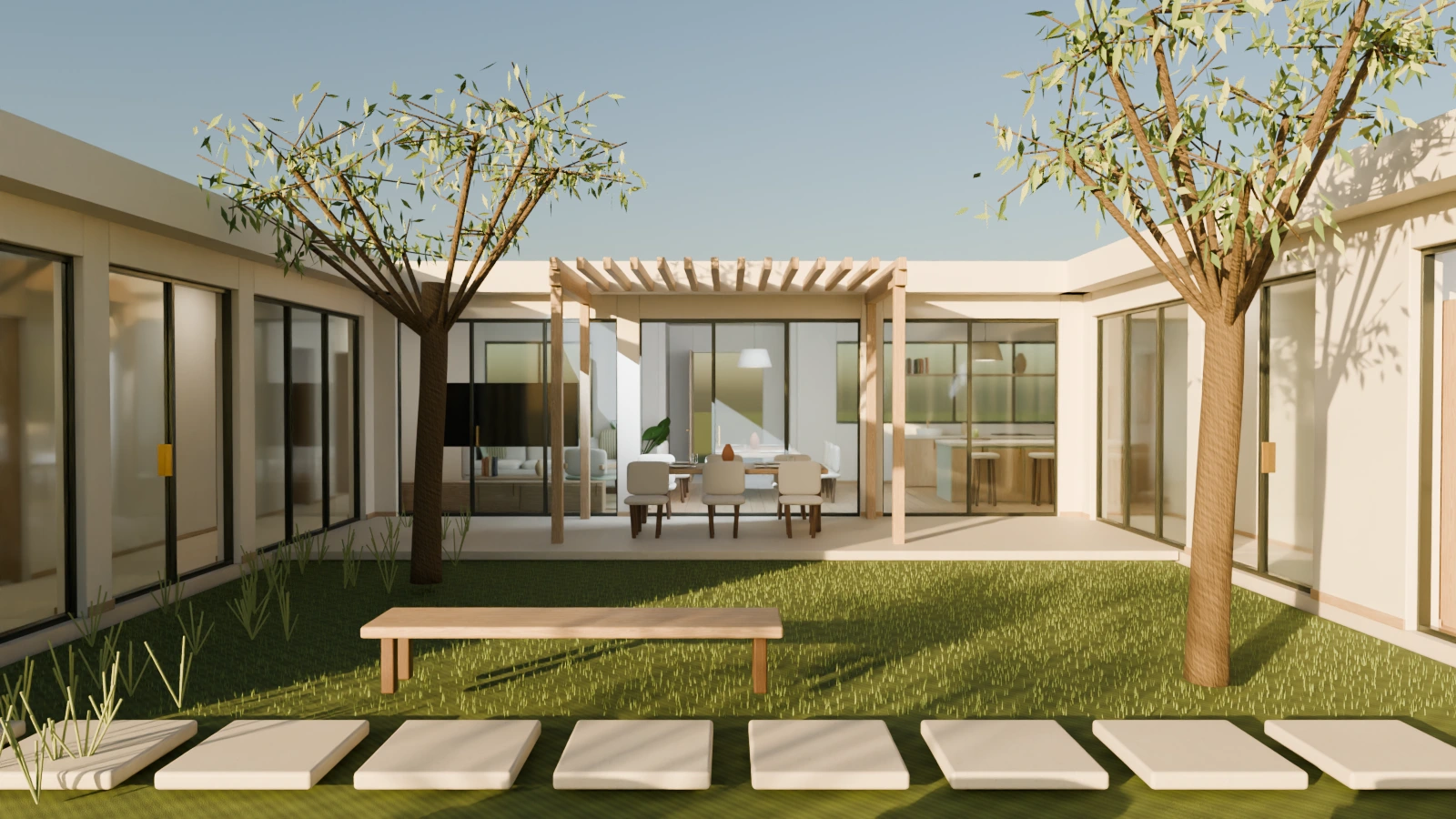 The garden-facing elevation, rendered from the LUMA Blender scene